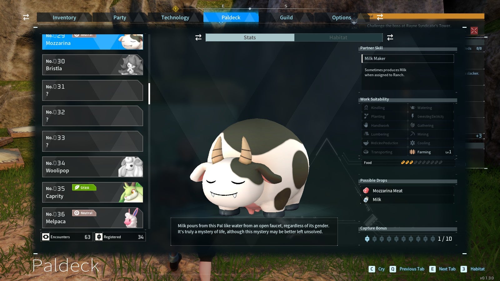 A screenshot of the Paldeck entry for Mozzarina, the cow-like Pal. - 1