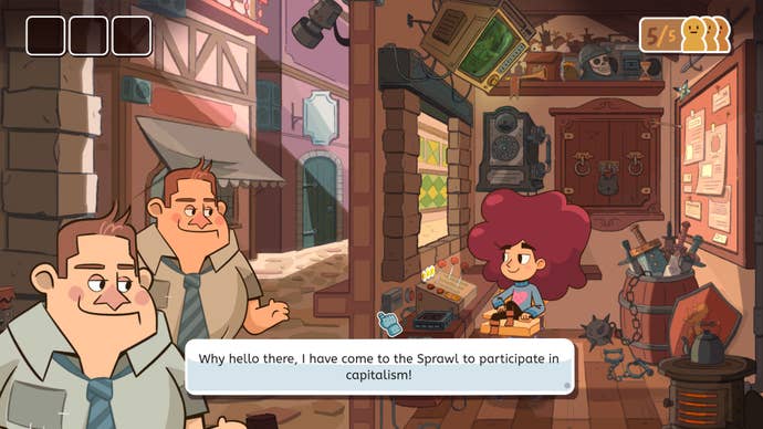 A salesman demands entry to the city in Lil Guardsman