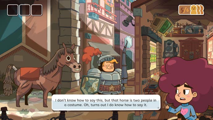 A knight with a suspicious looking horse tries to enter the city in Lil Guardsman