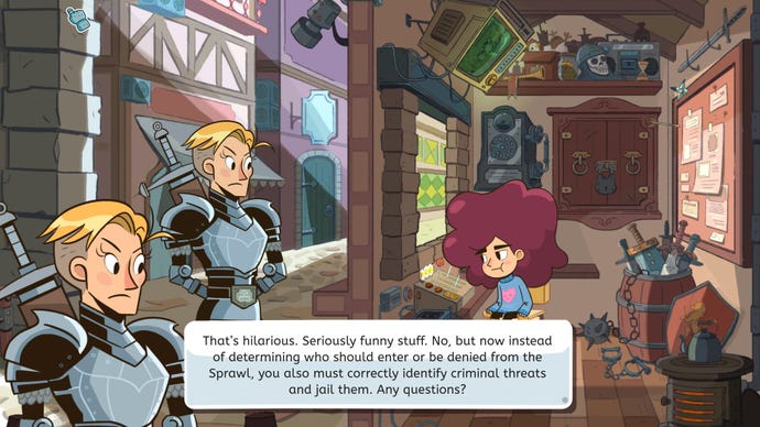 A knight gives instructions to a young girl in Lil Guardsman