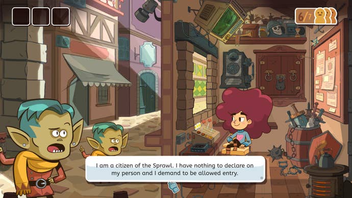 A goblin demands entry to the city in Lil Guardsman