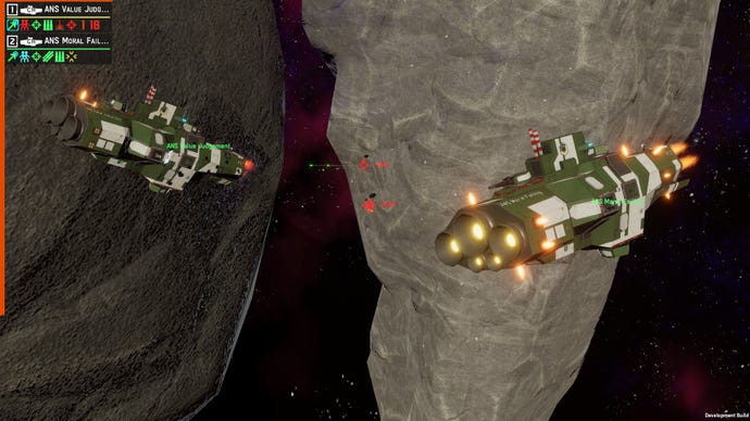 Two space cruisers firing at several others in amongst massive asteroids
