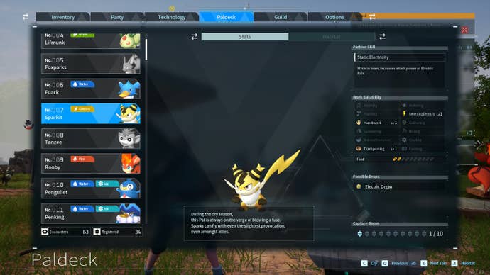 A screenshot showing the Paldex entry for a Sparkit, in Palworld.