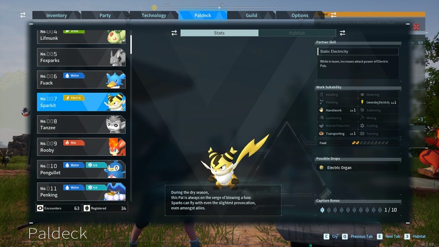 A screenshot showing the Paldex entry for a Sparkit, in Palworld.