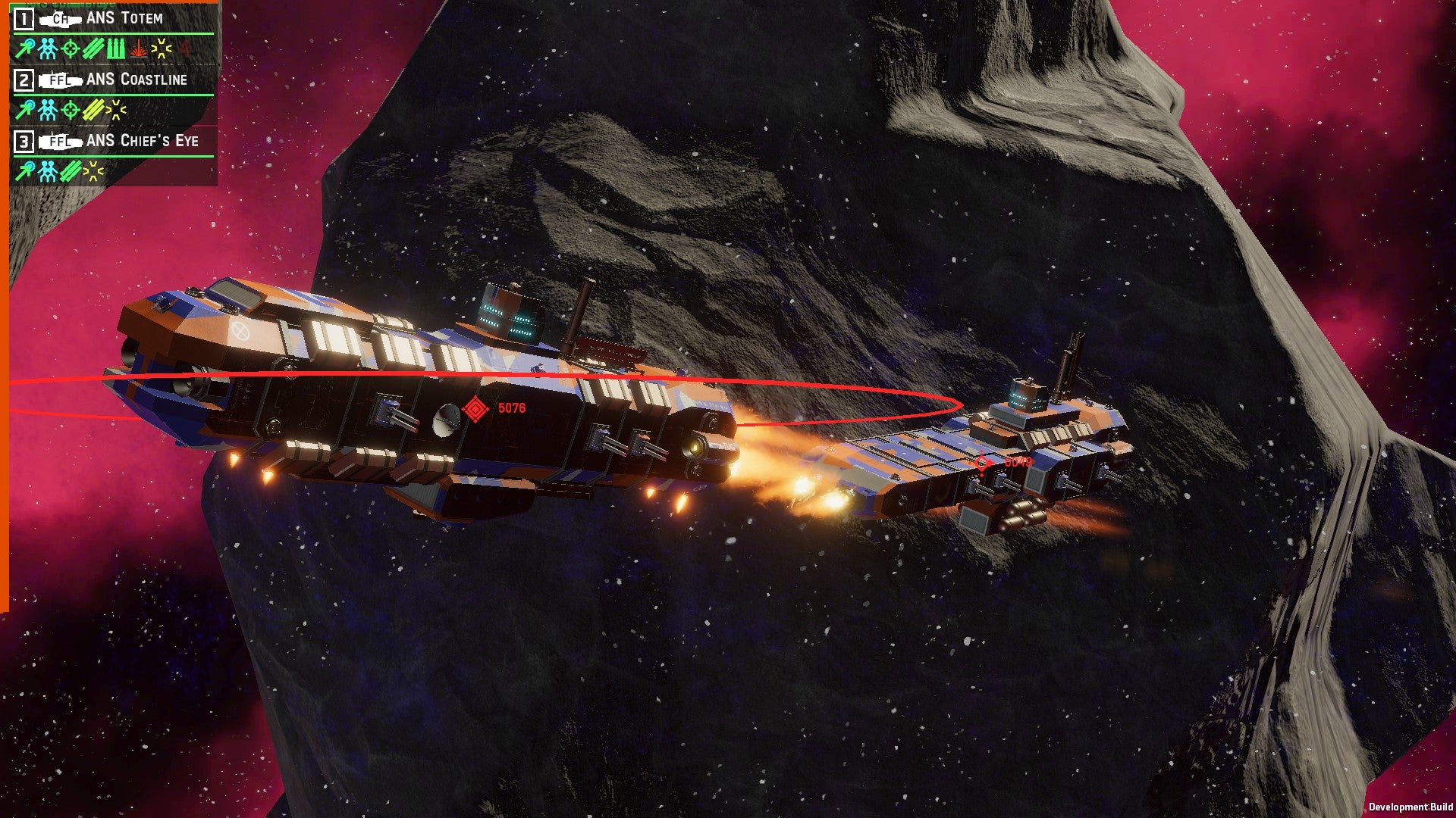 Two large purple-hued spaceships flying in a line near a big asteroid - 6