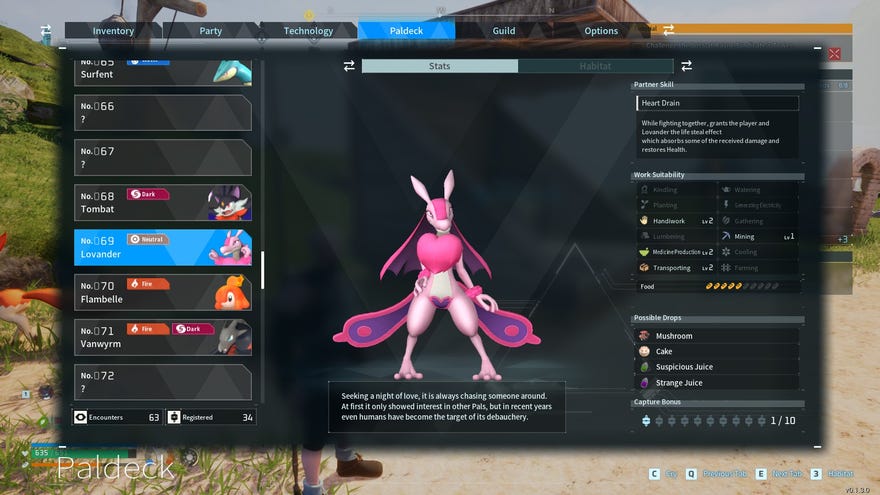 A screenshot of the Loveander Pal in Palworld.