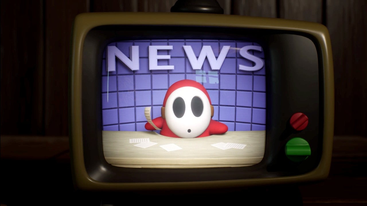 A newsreader Shy Guy presenting the 10 o&rsquo;clock, viewed on an analog TV