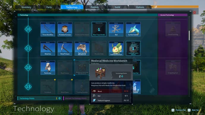 The Technology Tree in Palworld, with the Medieval Medicine Bench highlighted.