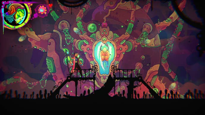 A robed warrior approaches a vat with a sleeping shaman inside in Ultros