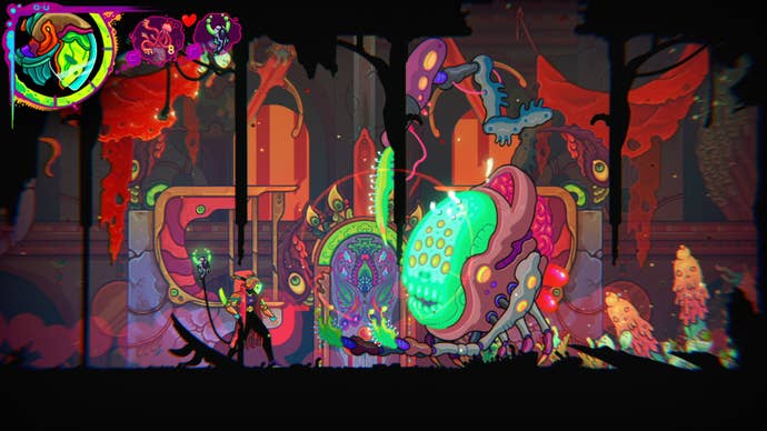 A warrior fights a large insect monster with a green visor face in Ultros