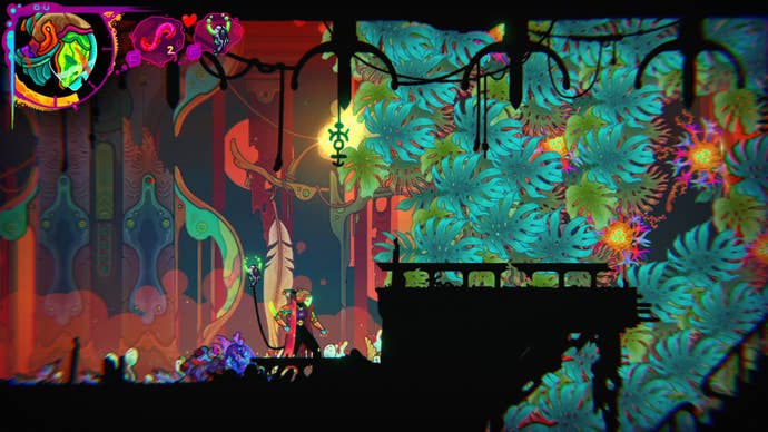 A warrior stands before a corridor covered in thick bushes in Ultros