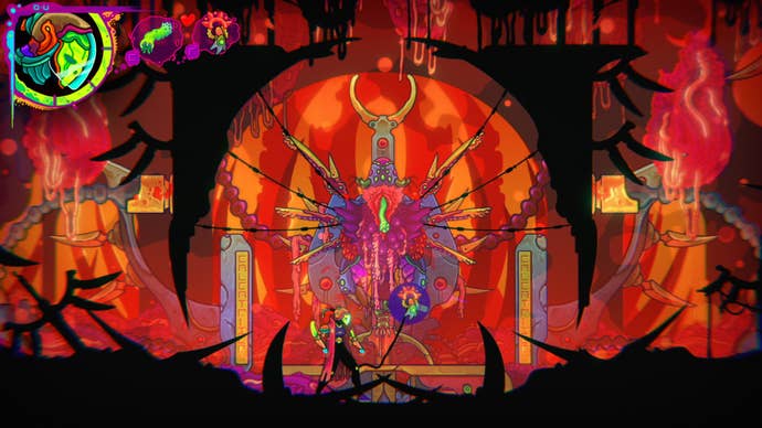 A body is pulled upon in a gothic-looking red room in Ultros