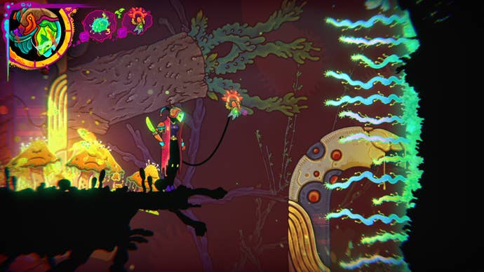 A warrior looks at wiggly green vines in Ultros