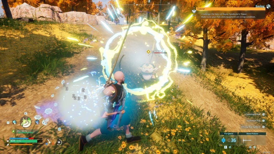 A Sparkit zaps a Palworld player with electricity.