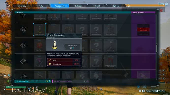 A screenshot of the Palworld technology tree, showing the Power Generator.