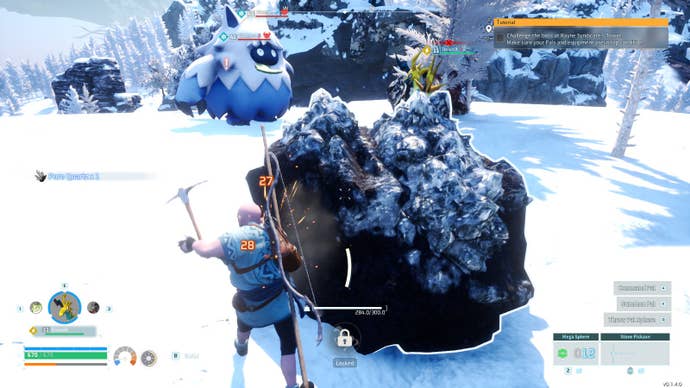 Mining a Pure Quartz crystal in Palworld’s snowy mountains.