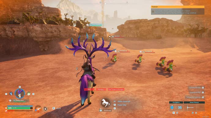 Exploring a hot desert in Palworld.