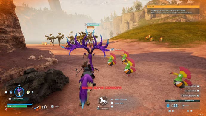 A group of Tocotoco wandering around in the desert in Palworld.