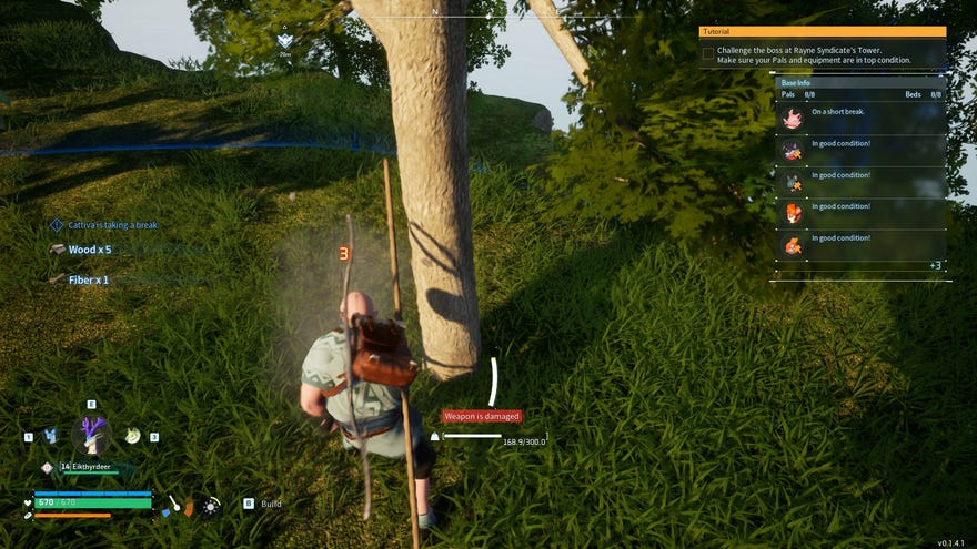A player character chops down a tree in Palworld