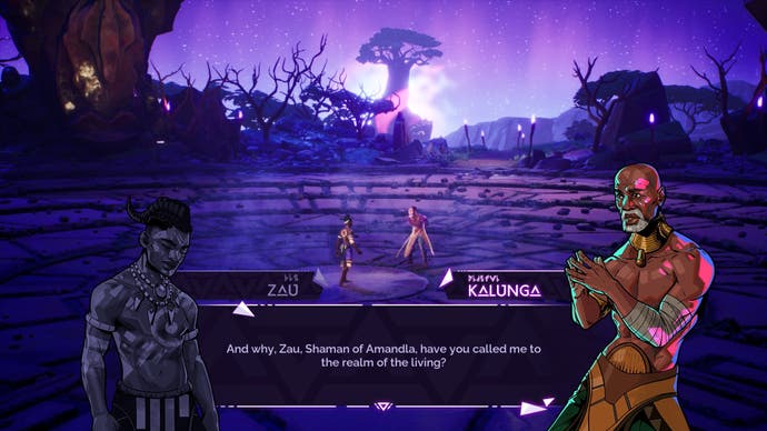 Tales of Kenzera: Zau Screenshot showing Zau converse with his father outside amongst silhouetted trees and a glowing purple sky