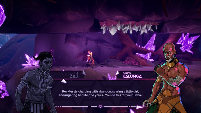 Tales of Kenzera: Zau Screenshot showing Zau converse with his father in a pink gem-infused tunnel