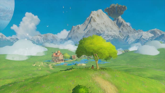 A landscape shot of a boy standing under a tree looking at a lakeside cabin in Europa. A tall mountain lingers in the distance, with a floating island nearby