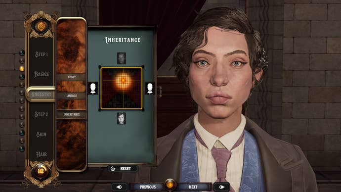 The character creation screen in Nightingale, showing a close-up of a woman’s face with a slider controlling how much her face resembles her parents