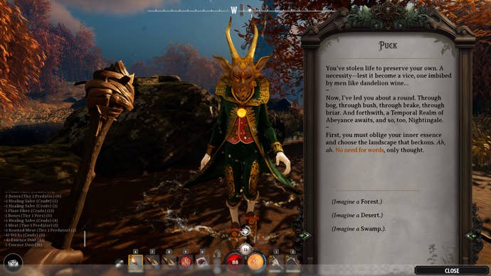 A dialogue with Fae spirit Puck in Nightingale. The player is being invited to imagine a world for the pair to travel to.