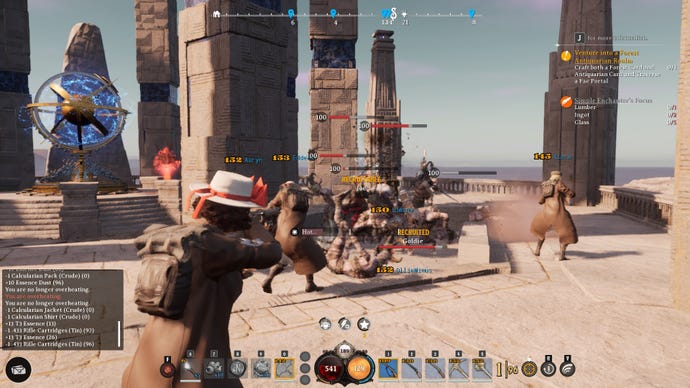 A group of players battling enemies on a tower in Nightingale