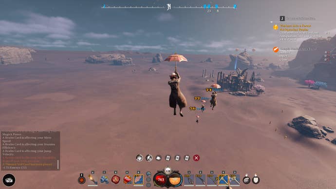 A group of Nightingale players gliding over a desert using their umbrellas