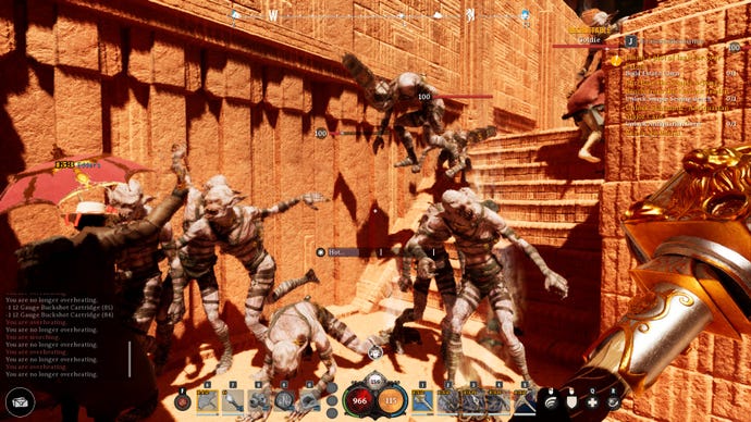 A big fight in Nightingale against scurrying goblin creatures in a sandy temple environment
