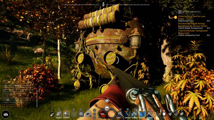 A forest scene in Nightingale, with a huge rusty machine lying among bushes and trees in the near ground