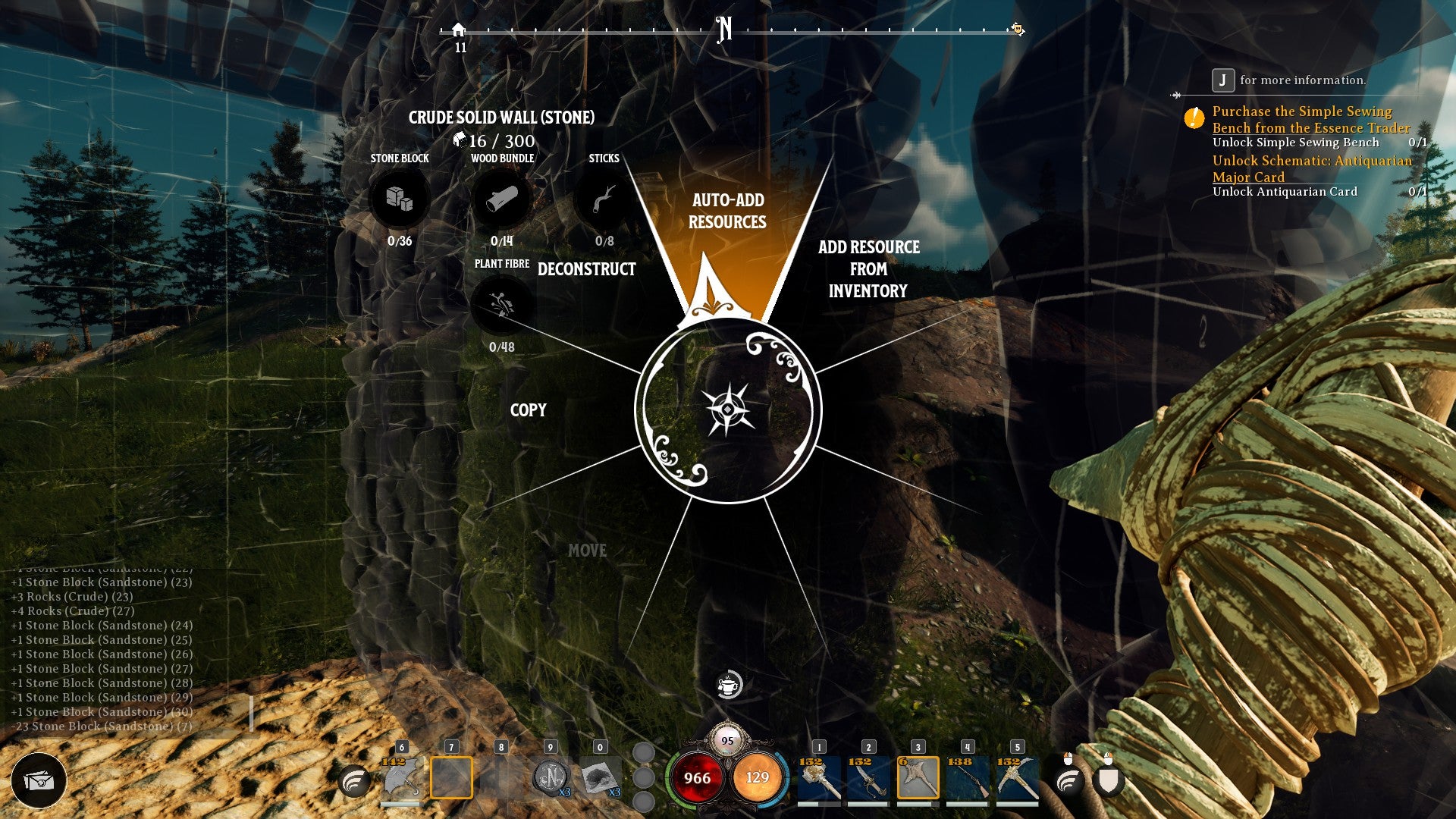 A screen of the Nightingale building tools menu, showing options to auto-insert materials into a structure template - 1