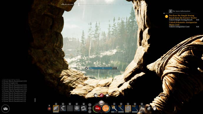 A view through the circular window of a player-created stone house in Nightingale, with trees and sunny hills visible in the distance