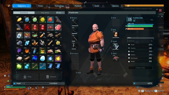 A crowded inventory screen in Palworld.