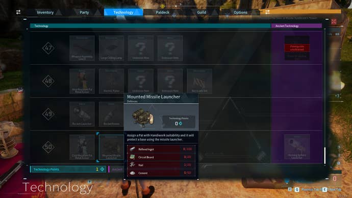 A modded screenshot showing the Mounted Missile Launcher upgrade in Palworld.