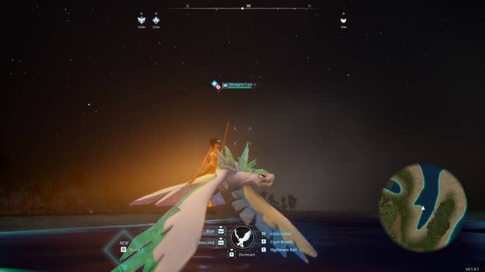 Flying atop a Vanwyrm Cyrst in Palworld.