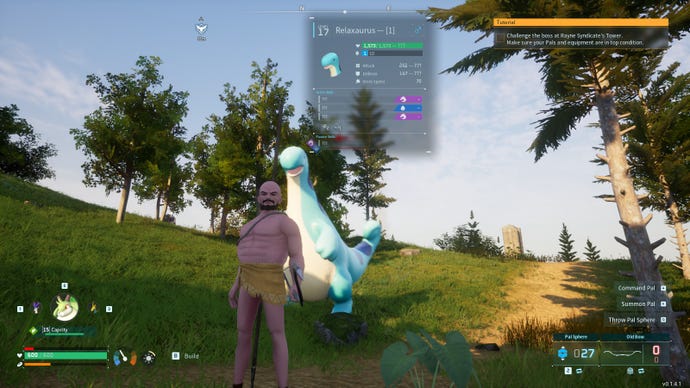 A Relaxasaurus sneaking up on a Palworld player.