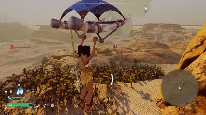 Glinding through the Palworld desert, with a minimap mod to show us the way.