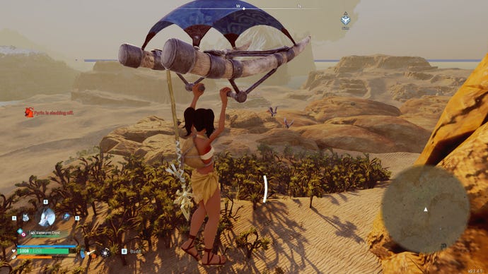 Glinding through the Palworld desert, with a minimap mod to show us the way.