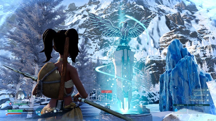 A female Palworld player stands near the Unthawable Lake Great Eagle Statue.