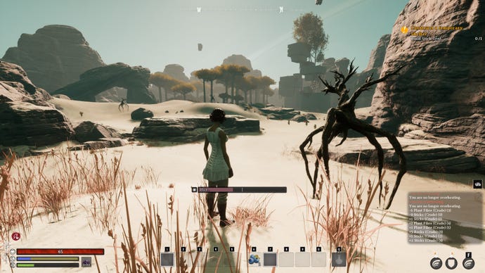 A Nightingale player wanders through the desert next to an unusual branch Fae creature.