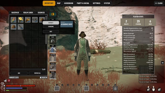 A menu screen showing a beginning Nightingale player about to break down items to create Essence Dust.