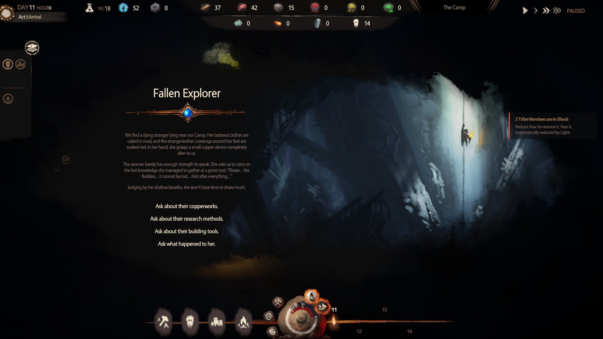 A story event from The Tribe Must Survive, with text describing an encounter with a dying explorer who has research secrets to share - 4