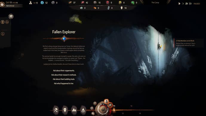 A story event from The Tribe Must Survive, with text describing an encounter with a dying explorer who has research secrets to share