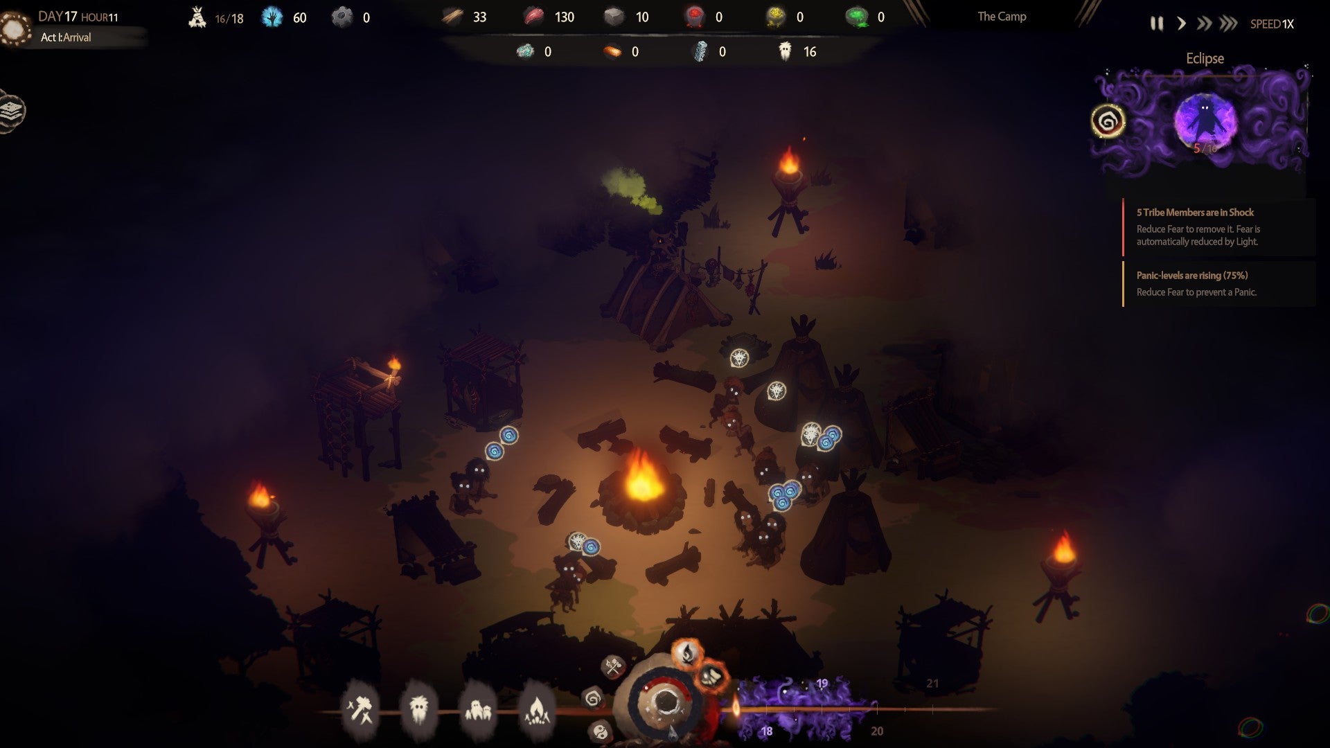 A 2D topdown representation of Stone Age villagers gathered around a campfire after darkness - 3