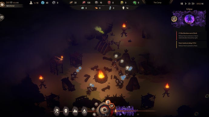 A 2D topdown representation of Stone Age villagers gathered around a campfire after darkness
