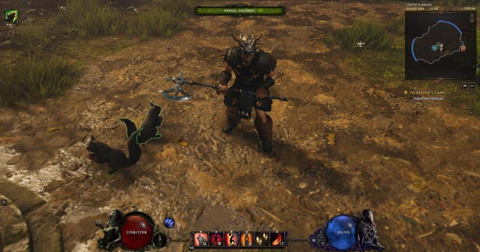 A Primalist stands alongside two loyal primal squirrels in this Last Epoch screenshot.
