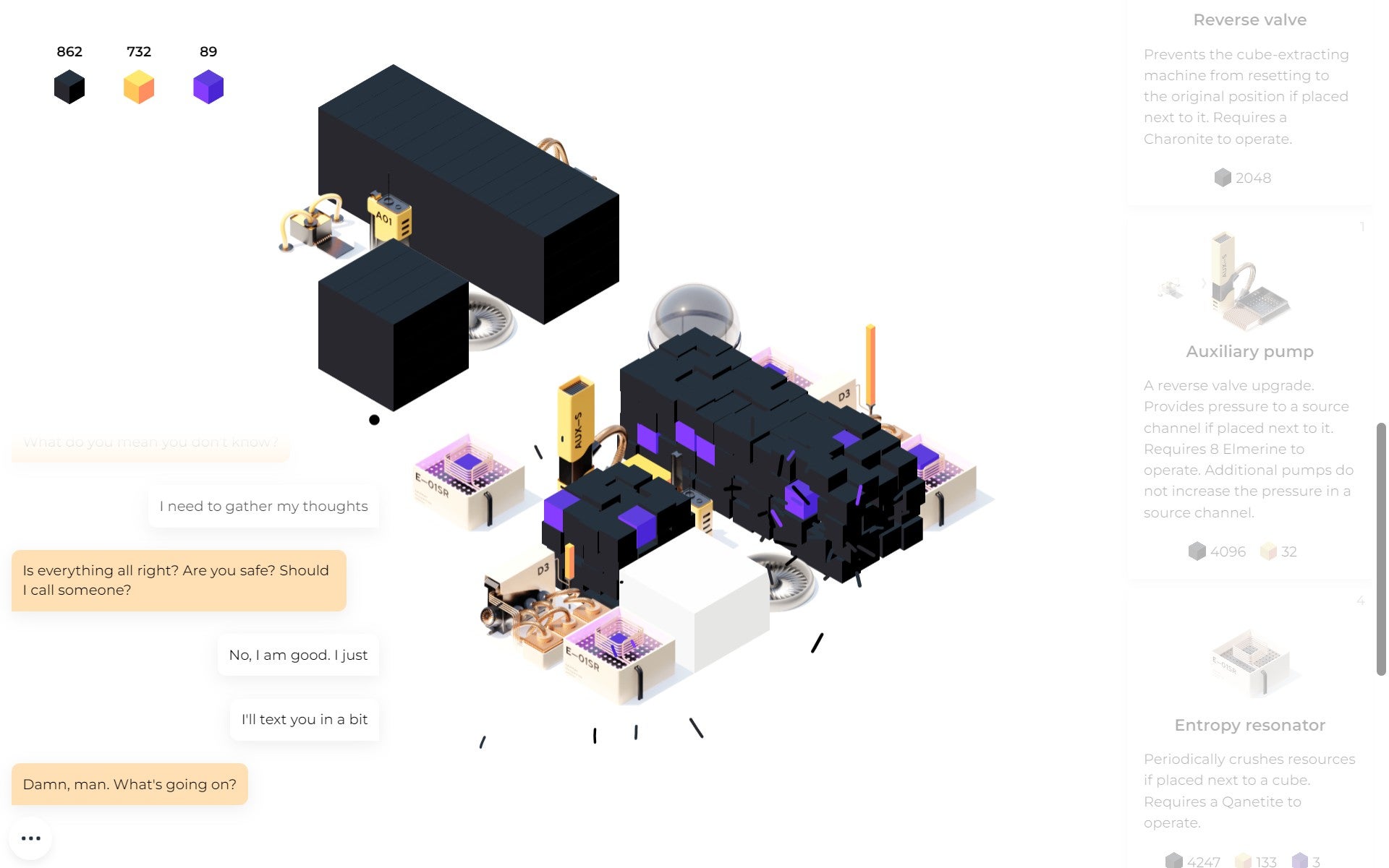 An abstract factory of yellow machines surrounded by different coloured cubes on a white page, with a text message feed on the lefthand side - 1