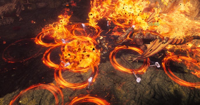 A Sentinel throws a nova of hammers while fighting a fire-breathing dragon in Last Epoch.